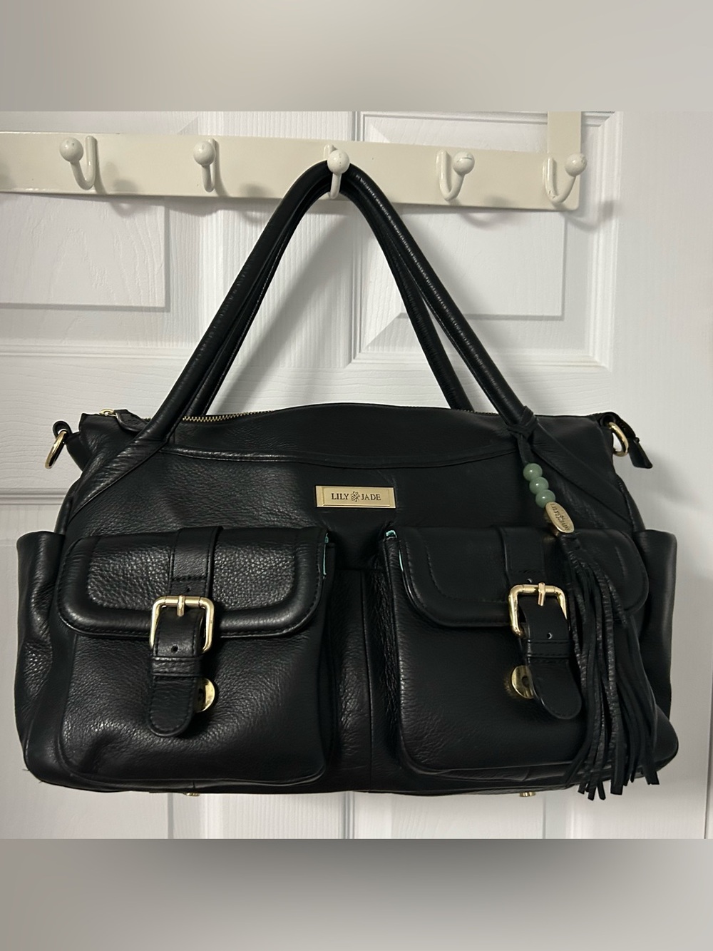 Lily Jade Black Leather Baby Bag with Dual Front Pockets